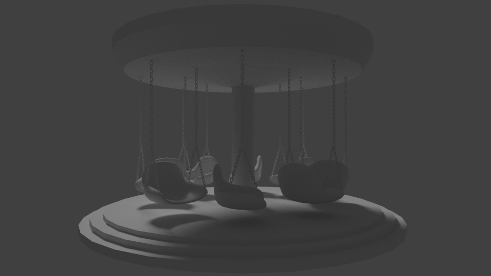 3D rendering. A gray and rather dark black and white image. It depicts a swing carousel. The background is dark gray.